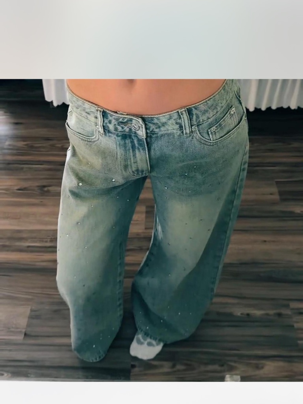 Edikted Green Washed Wide Leg Jeans with Stud Accents